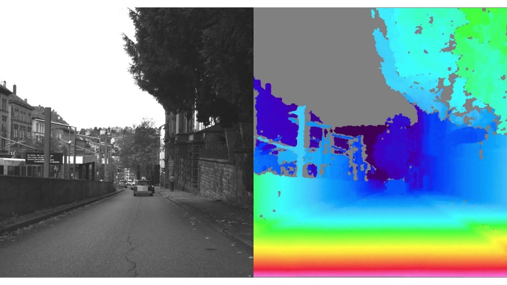 Street image next to a coloured depth map
